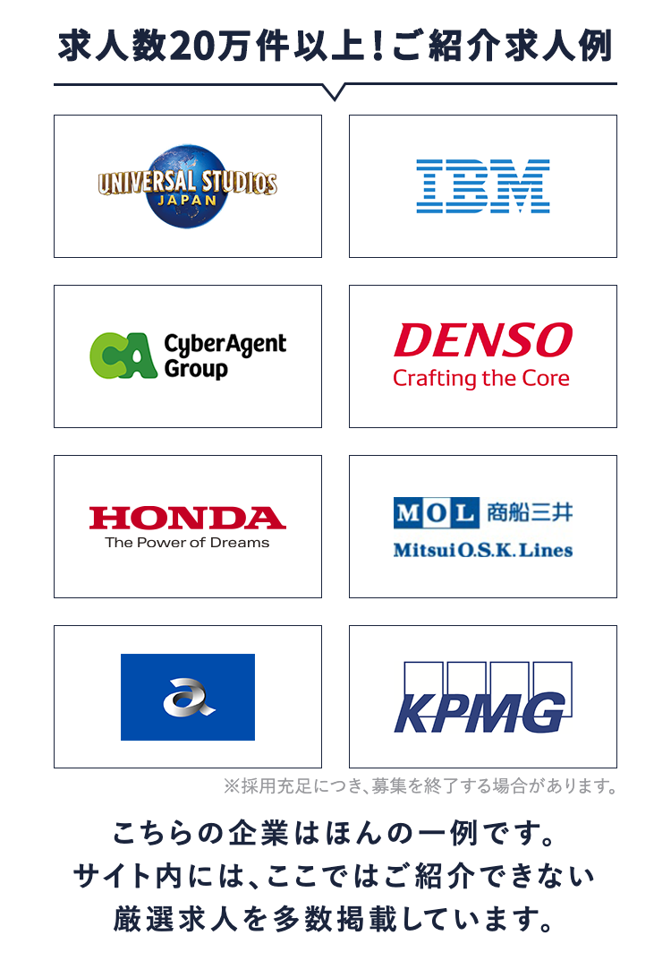 求人数20万件以上!ご紹介求人例
UNIVERSAL STUDIOS
JAPAN
IBM
CA
CyberAgent
Group
DENSO
Crafting the Core
HONDA
The Power of Dreams
MOL 商船三井
Mitsui O.S.K.Lines
d.
KPMG
※採用充足につき、募集を終了する場合があります。
こちらの企業はほんの一例です。
サイト内には、ここではご紹介できない
厳選求人を多数掲載しています。